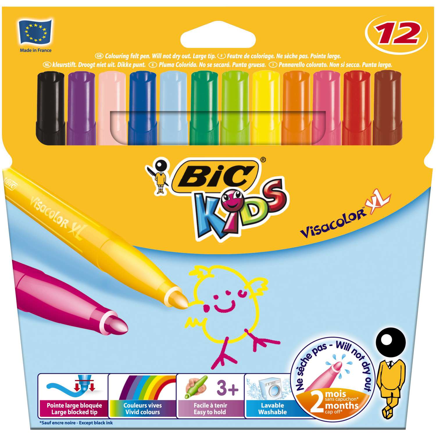 Pack De 12 Rotuladores Visacolor XL BIC Kids Ecolutions – Colores Vivos, Punta Gruesa Y Tinta Lavable