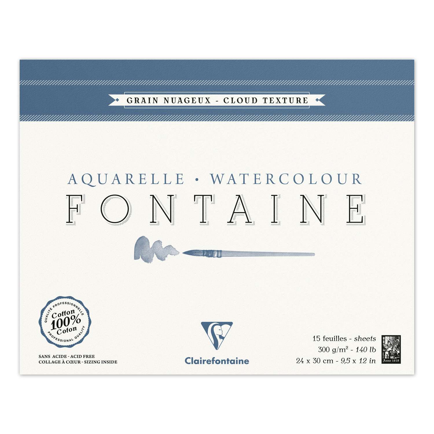 Clairefontaine Fontaine Cloud Texture Watercolour Glued Pad 15 Sheets 300 g Glued 4 Sides 24 x 30 cm 