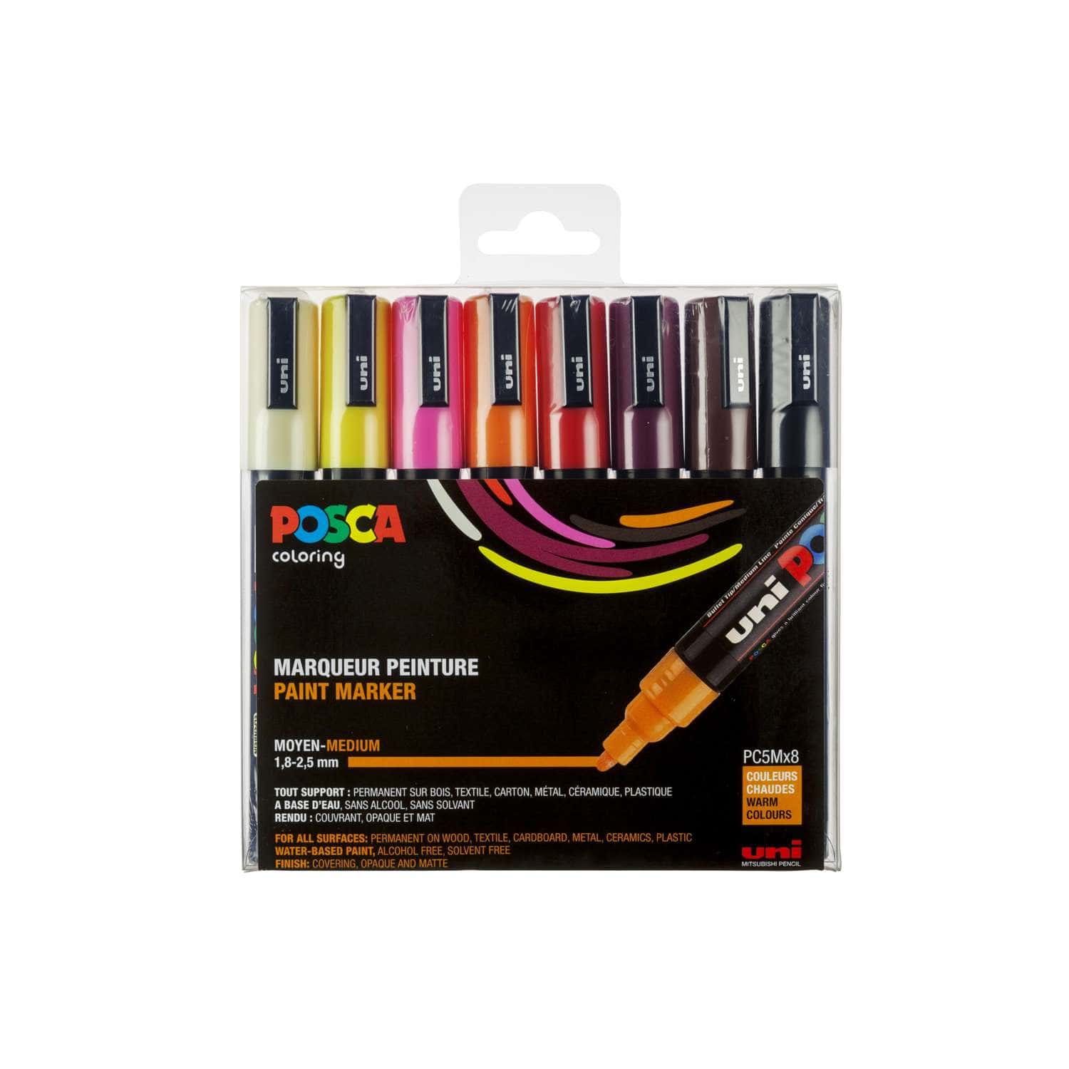 Uni Posca Paint Markers - Warm Tone Colors, Set of 8, Medium Tip, 2.5 mm