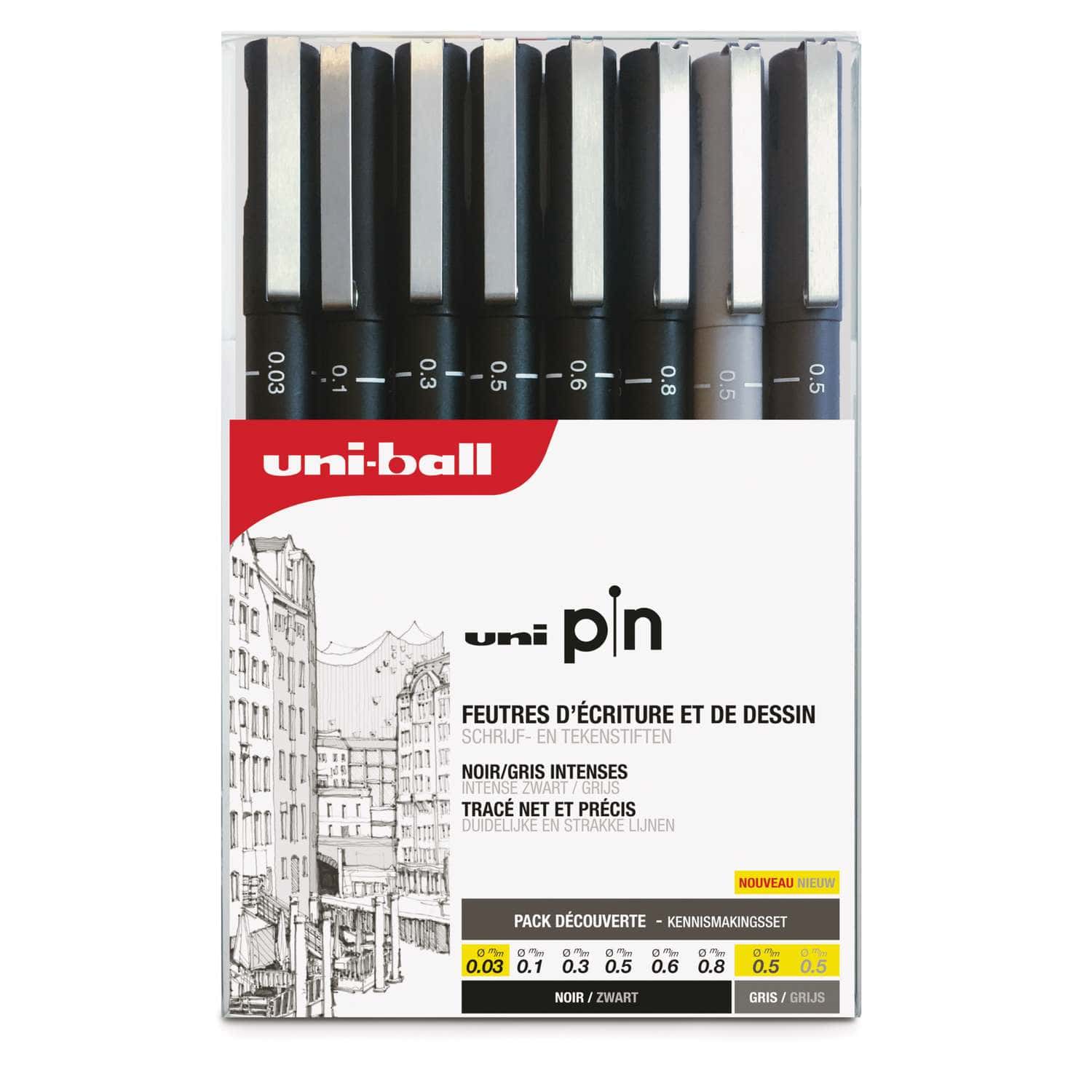 Uni Pin 200 Black Fine Liners 5 pk 0.03,0.2,0.5,0.8,Br