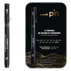uni | pIn Drawing & Writing pen box — 14 deep black pens