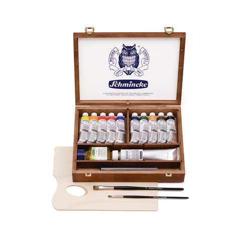 Schmincke | Mussini Finest Oil Paint Complete Wooden Box Set — 10 x 35 ml tubes + accessories 