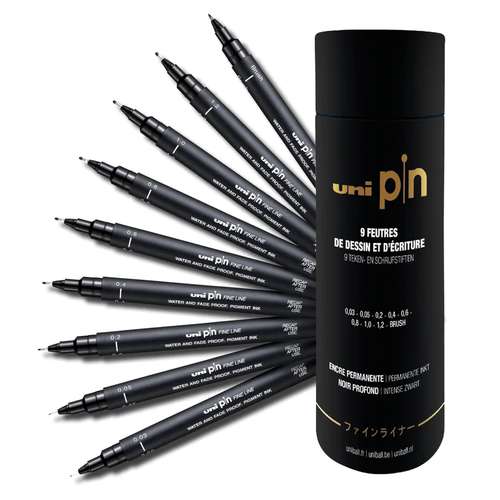 uni | pIn Drawing & Writing pen tube — 9 deep black pens 