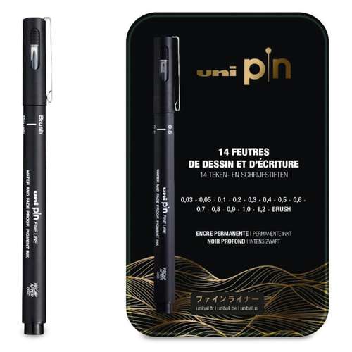 uni | pIn Drawing & Writing pen box — 14 deep black pens 